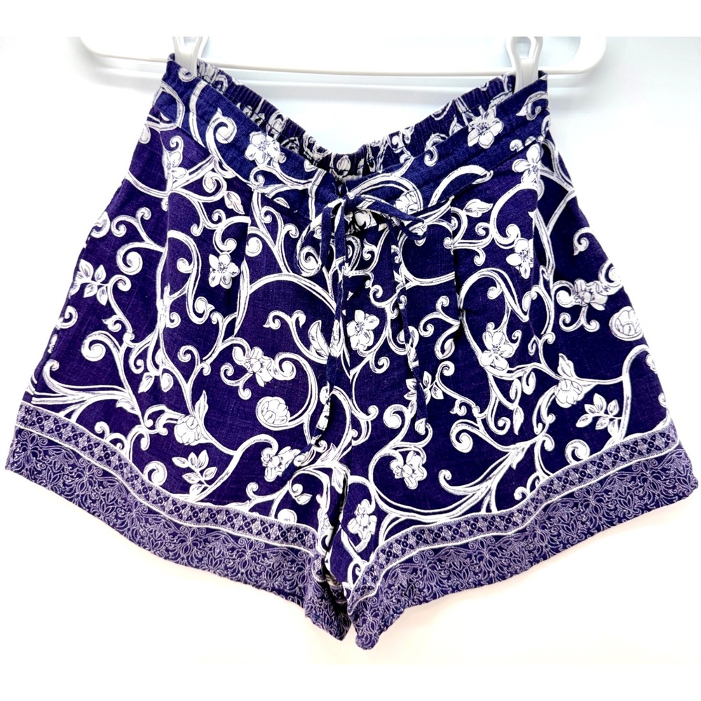 CeCe Navy Floral Vine Linen Rayon Pull On Pleated Shorts Sz S Boho Cottagecore